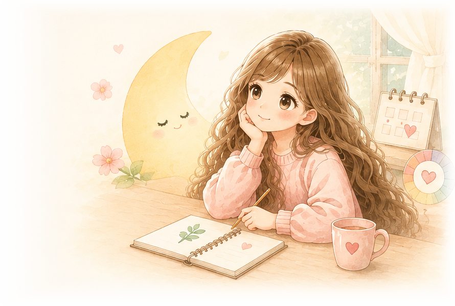 小芽與月牙、植物、日曆及週期元素的水彩插畫